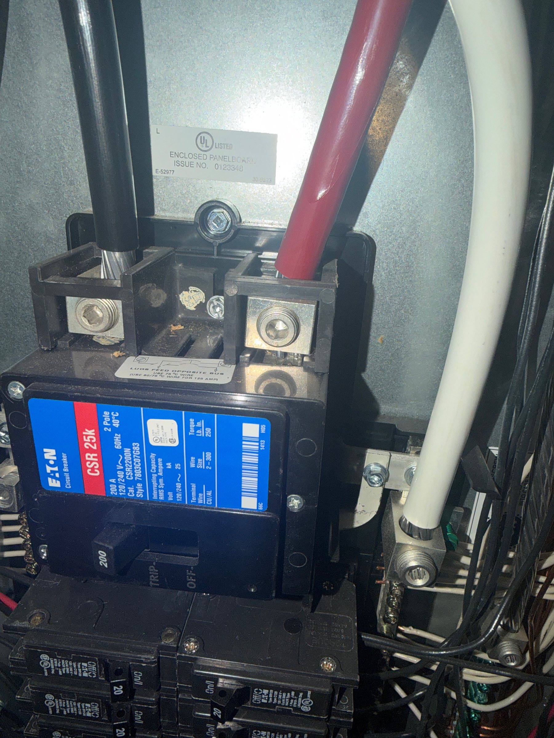 Open residential electrical service panel inspected for visible safety concerns